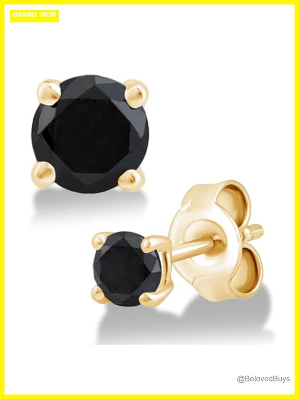 Round Cut Black Diamond Solitaire Stud Earrings 14K Gold Plated Sterling Silver